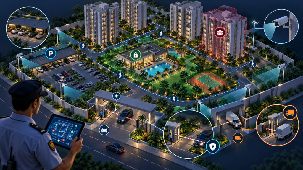 birds-eye-view-of-an-apartment-society-showing-security-zones-cctv-cameras-access-points-patrol-routes-parking-and-clubhouse