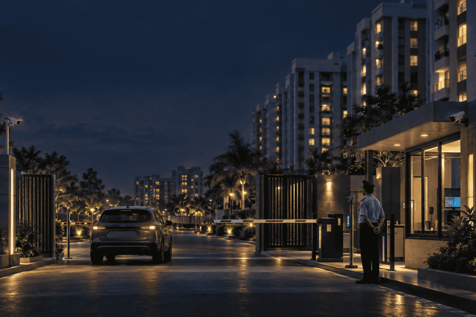 modern-gated-residential-apartment-society-in-India-with-security-guard -cctv-surveillance-boom-barrier-and-controlled-entrance-at-night